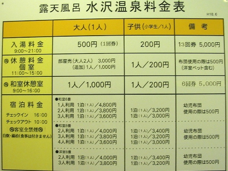 秋田　露天風呂水沢温泉　料金表